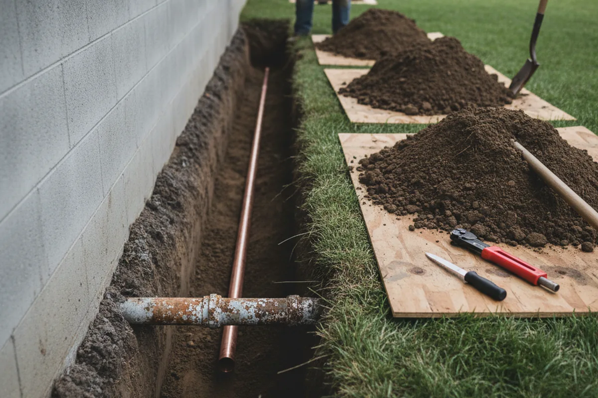 Excavated water line trench during Water Heater Repair in Abington